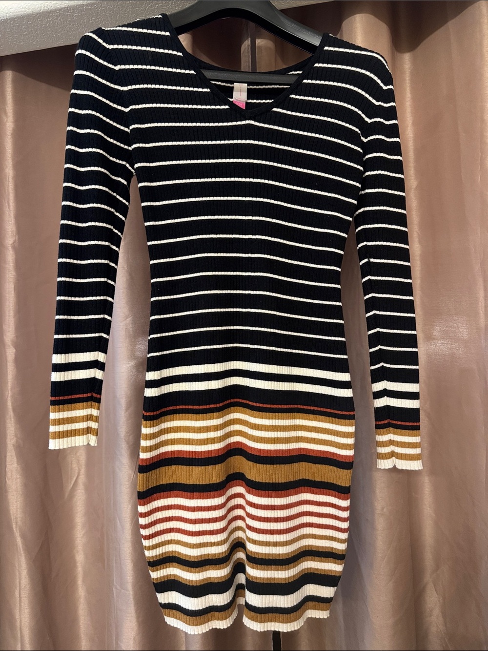 Striped Ribbed V-Neck Knit Dress in Black, White & Earth Shades